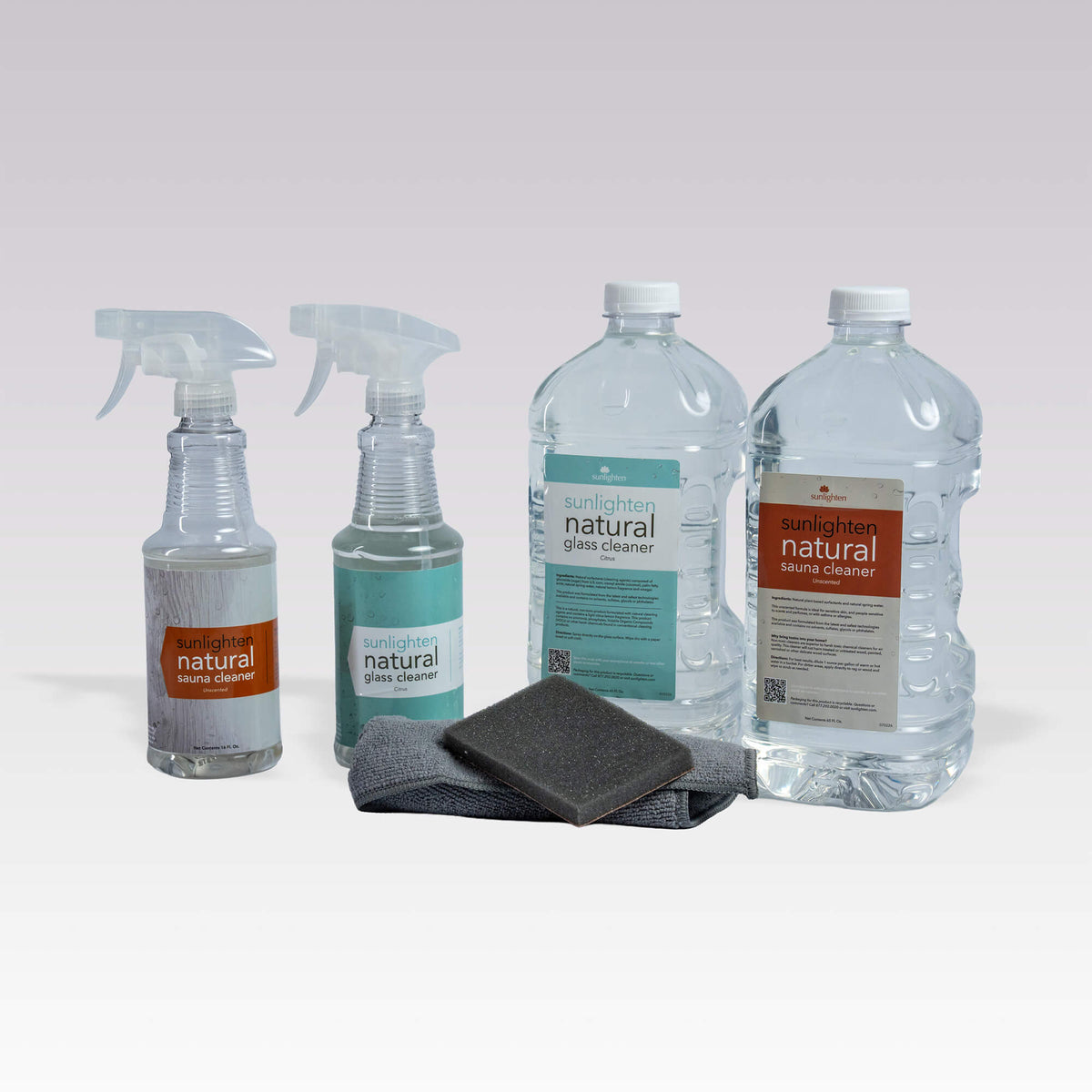 Sauna cleaning kit items, displayed against a white background