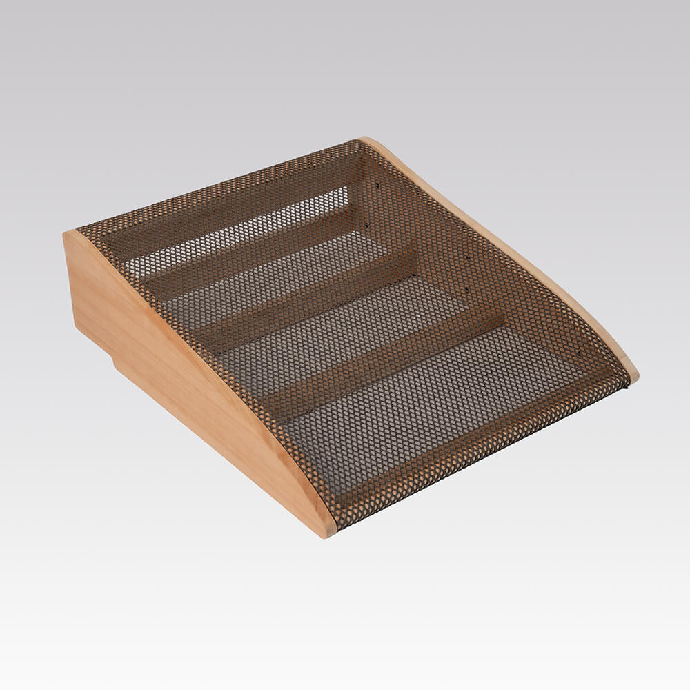 A wooden backrest with CELLIANT fabric, featuring a natural light wood finish