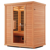 A compact wooden outdoor sauna with a glass front door, interior LED lighting, and a wooden bench, shown against a plain white background.